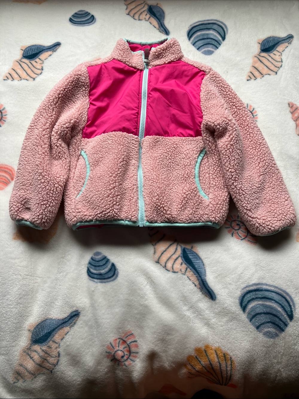 Girls' Pink Sherpa Zip Jacket with Hot Pink Panel